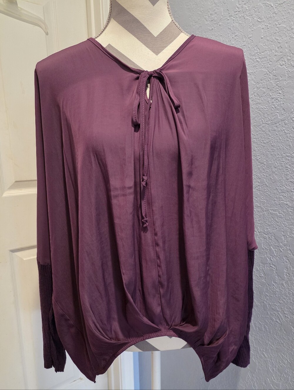 Lola & Sophie Plum Tie-Front Long Sleeve Mixed-Media Tunic